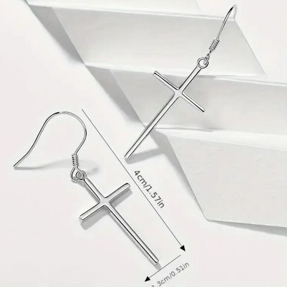 Small cross earrings Silver plated minimalist jewelry - Picture 4 of 5